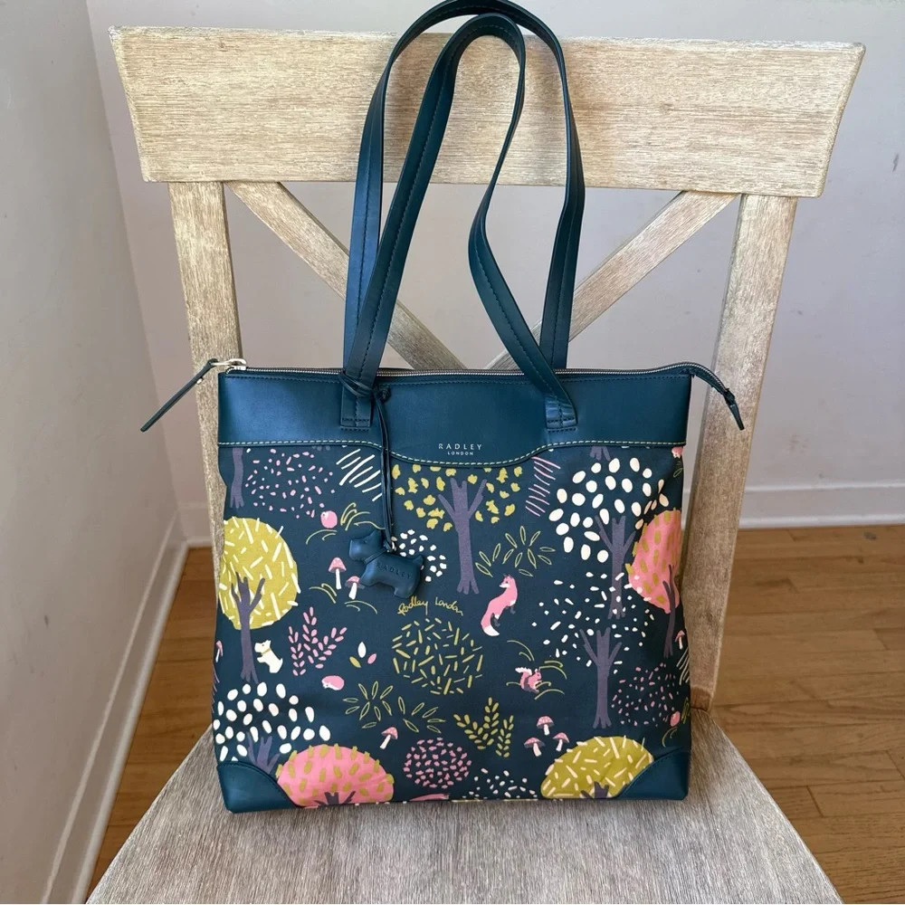 Radley London Epping Forest Tote Bag Navy Woodland Fox Mushroom Scottie Charm - Picture 13 of 15